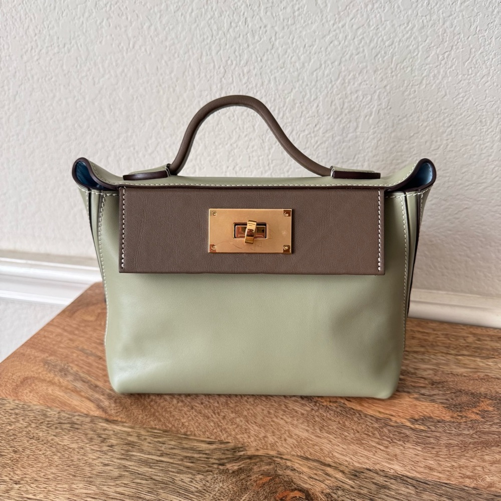 LEATHER INSIDE & OUT | Sage Green Gray Colorblock Mini 24 Satchel Flap Bag R2